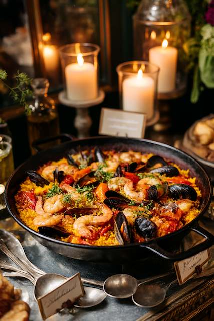 Paella One-Pot Comfort Foods Paella dish in a large pan surrounded by candles and greenery, creating an elegant and warm ambiance at a wedding reception