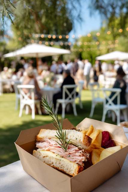Picnic-Style Boxed Meals with Gourmet Upgrades Boxed meal featuring a gourmet sandwich, chips, and a pickle, set against a sunny outdoor wedding backdrop with string lights.