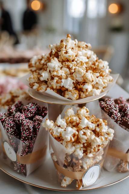 Popcorn and Pretzel Bar Elegant popcorn and pretzel bar setup with various flavors and chocolate-dipped treats, ideal for a cozy wedding snack station.