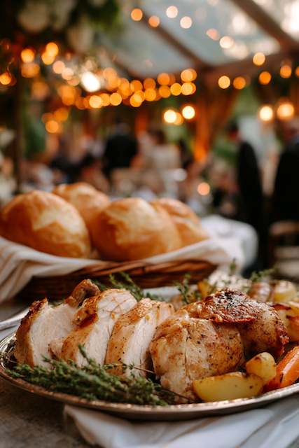 Rotisserie Chicken Buffet Sliced rotisserie chicken and roasted vegetables elegantly served on a platter, surrounded by freshly baked bread at a cozy wedding feast.