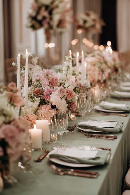 Sage Green & Dusty Rose wedding table setting Romantic sage green wedding tablescape with blush and ivory flowers, candles, and gold cutlery