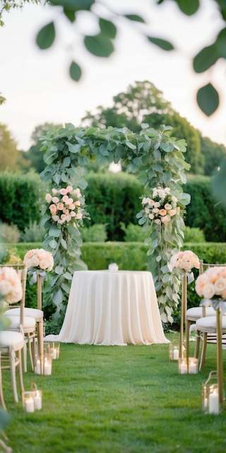 Sage Green & Peach wedding arch Elegant wedding ceremony backdrop with sage green and navy blue drapes, floral accents, and soft pink roses