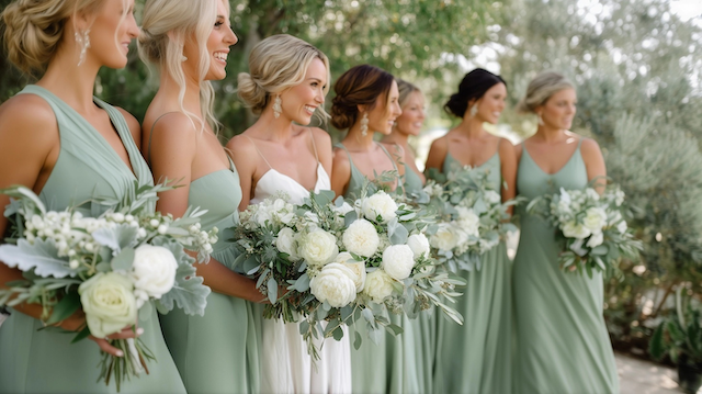 Wedding Decor 17 Bridesmaids in soft sage green dresses holding large white and green floral bouquets with eucalyptus leaves at an outdoor wedding