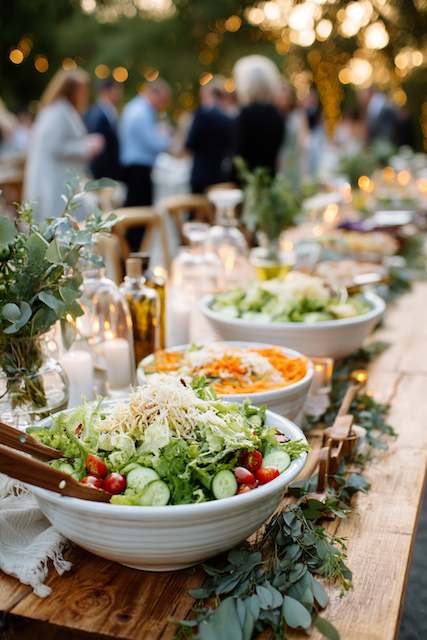 Fresh salad bowls elegantly set on a rustic wooden table, accompanied by candlelight and lush greenery for a wedding buffet. Simple Salad Bar