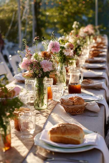 Long Southern wedding reception table with pink garden flowers, iced tea pitchers, and bread rolls