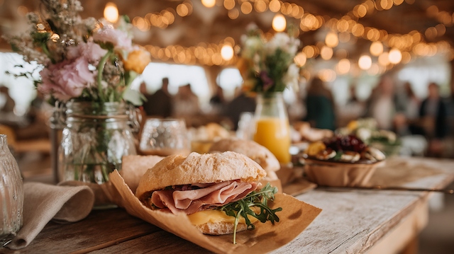 A sandwich sits on a rustic wooden table, surrounded by flowers and soft glowing lights, creating a cozy wedding atmosphere