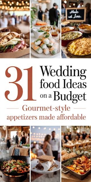 Wedding Food Ideas on a Budget Collage of budget-friendly wedding food ideas featuring sandwiches, spring rolls, casseroles, and a lively reception scene