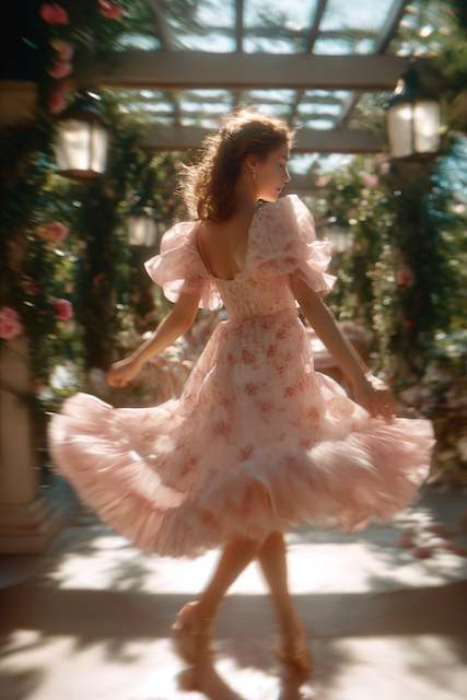 What to Wear to the Rehearsal Dinner as a Bridesmaid. Bridesmaid in a floral pink dress twirling in a garden setting, with soft ruffled sleeves and a joyful expression
