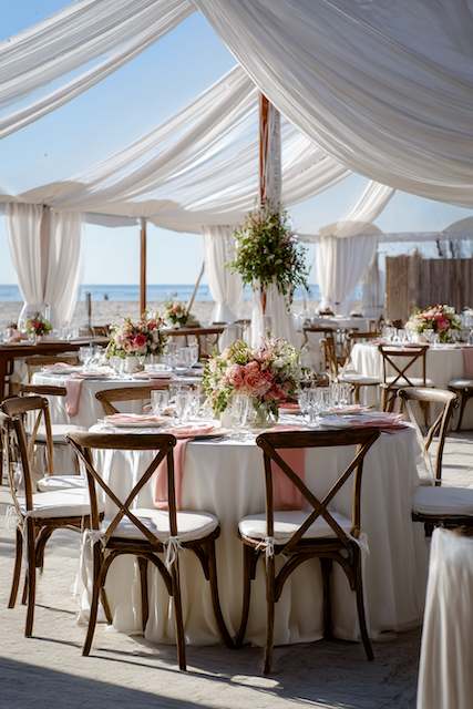 beach wedding Beach wedding reception under flowing white drapery with round tables decorated with blush and cream floral centerpieces, wooden cross-back chairs, and views of the ocean in the background.