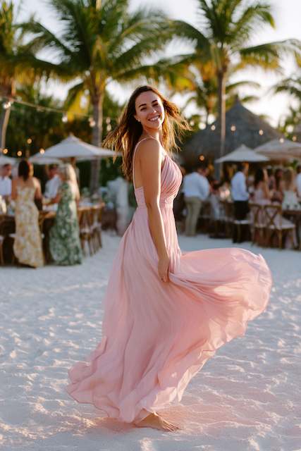 bridesmaid at beach rehearsal dinner, wearing a flowing blush pink dress Bridesmaid twirling on the beach at a destination rehearsal dinner, wearing a flowing blush pink dress with a joyful smile and beachy backdrop