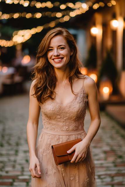 bridesmaid at rehearsal dinner carrying brown leather clutch Bridesmaid in blush lace dress smiling outdoors with warm string lights in the background, holding a brown leather clutch