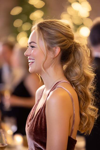 bridesmaid with Low ponytail with curled ends and hair wrap Side profile of a smiling woman with long, loose curls in a soft, voluminous ponytail at a wedding reception
