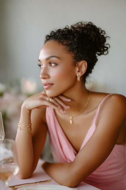 bridesmaid with minimal jewelry Bridesmaid with curly hair and minimal jewelry, resting chin on her hand while seated at a wedding event