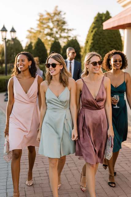 bridesmaids in dresses after chosing the right color for rehearsal dinner Bridesmaids walking together, smiling, and wearing elegant satin dresses in soft pastel colors at a wedding rehearsal dinner