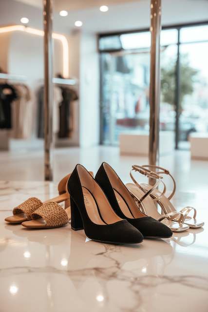 bridesmaids shoes to wear at rehearsal dinner Collection of bridesmaid shoes in a shop, featuring black high heels, tan woven sandals, and silver strappy sandals