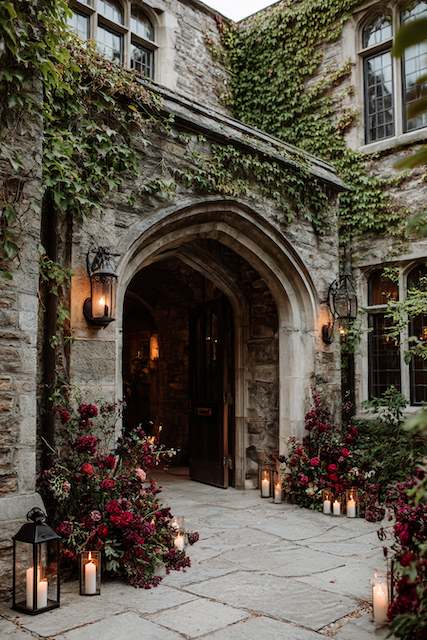 gothic wedding Ivy clad stone archway at a historic venue, lanterns and candles line red florals to create a warm, romantic evening entrance
