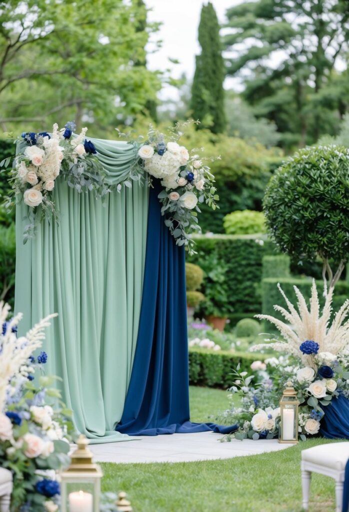How to Nail a Sage Green Wedding Theme 2 Wedding ceremony backdrop featuring a sage green and navy blue draped fabric with floral accents, surrounded by elegant white and blue flowers in outdoor garden setting