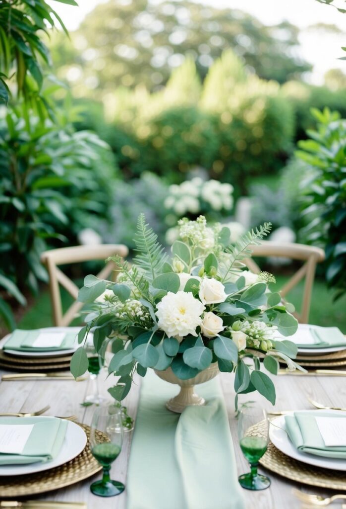 How to Nail a Sage Green Wedding Theme 3 Elegant wedding table setting with a sage green table runner, white floral centerpiece, and lush greenery, set outdoors with natural light
