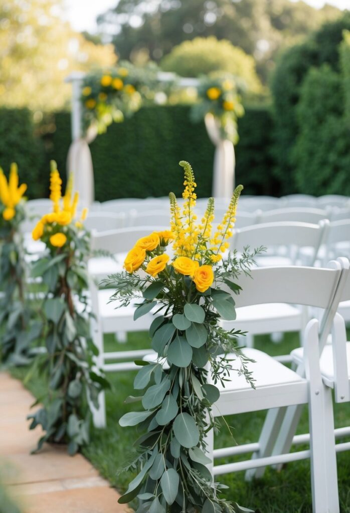 How to Nail a Sage Green Wedding Theme 1 Aisle markers featuring yellow flowers and eucalyptus, elegantly hanging from white chairs in an outdoor wedding ceremony