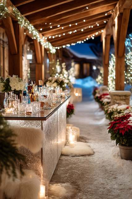 winter wedding Winter wedding cocktail bar setup under a wooden pergola with string lights, surrounded by snow, poinsettias, candles, and white floral arrangements for a cozy alpine celebration.