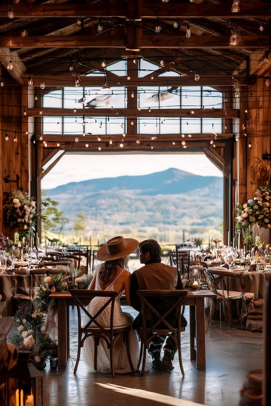 A bride and groom sit together at a rustic wedding reception with scenic mountain views through open doors