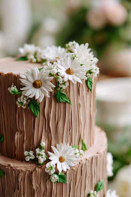 Bark-textured icing wedding cake A rustic wedding cake with textured buttercream and fresh white daisies, accented with greenery, creating an elegant and natural look