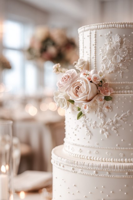 Beaded piping + sugar flowers wedding cake wedding cake with intricate bead piping, adorned with delicate sugar flowers, including pale pink roses, against a softly blurred background of wedding decor