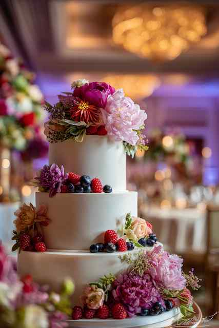 Blooms + berries combo wedding cake three-tiered white wedding cake adorned with fresh pink peonies, roses, and mixed berries, creating a vibrant and elegant floral display