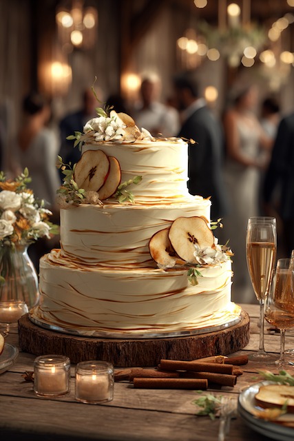 Caramel apple spice wedding cake Three tier caramel apple spice wedding cake with caramel-swirled icing, dried apple slices, and cinnamon sticks on a wood stand.
