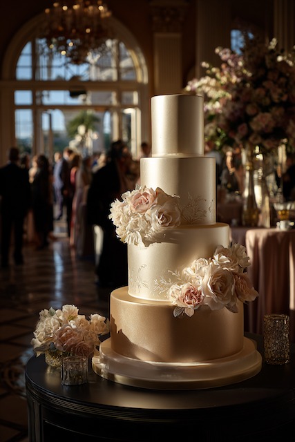 Champagne + ivory shimmer wedding cake Four tier champagne and ivory wedding cake with satin-finish fondant, adorned with blush and cream roses and soft peonies, exuding timeless elegance under golden evening light.