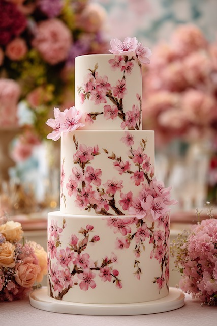 Cherry blossom painted design wedding cake Three tier white fondant wedding cake hand-painted with delicate pink cherry blossoms and accented with 3D sugar flowers, creating a romantic spring-inspired centerpiece that feels elegant, fresh, and timeless.