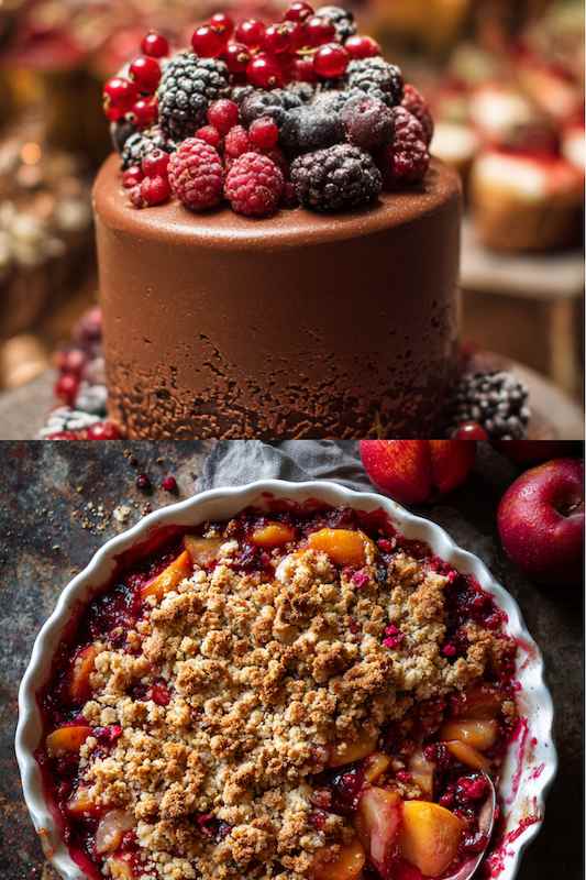Chocolate cake and fruit crumble A decadent chocolate cake topped with fresh berries and a warm fruit crumble featuring apples and berries, perfect for a country-themed wedding dessert table