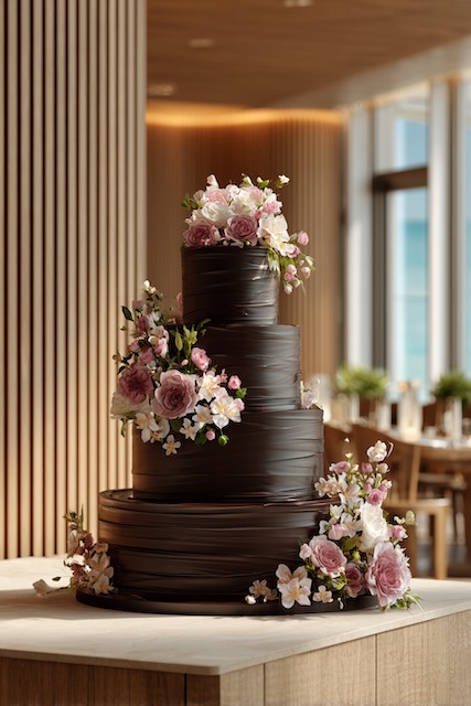 Chocolate ganache wedding cake Four tier dark chocolate wedding cake with a sleek textured finish, adorned with cascading mauve and blush sugar flowers and white blossoms, creating a luxurious and dramatic centerpiece.