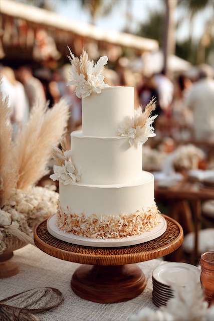 Coconut cream wedding cake Three tier minimalist white wedding cake with smooth fondant finish, accented by dried pampas grass, ivory blooms, and coconut flakes at the base, exuding boho beach elegance on a wooden cake stand.