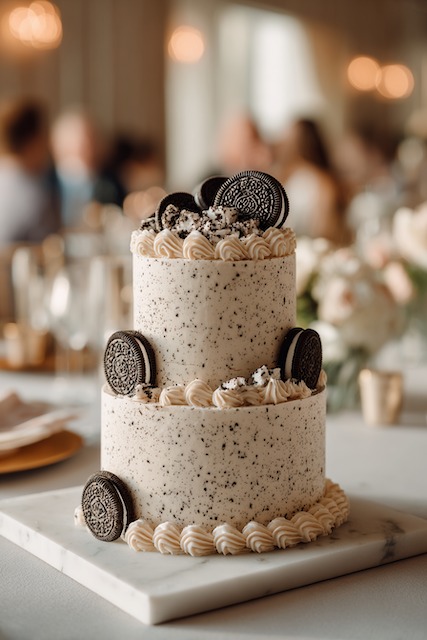 Cookies and cream wedding cake Two tier cookies and cream wedding cake covered in vanilla buttercream speckled with chocolate cookie crumbs, decorated with whole and crushed Oreos and piped swirls, blending playful charm with elegant simplicity.