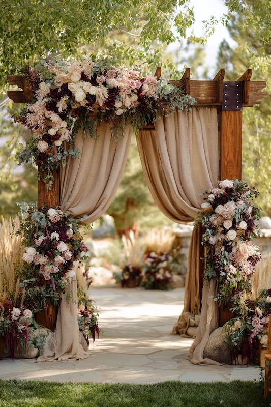 A rustic wooden wedding arch adorned with flowing beige fabric and lush floral arrangements in shades of soft pink, deep purple, and greenery, creating a romantic atmosphere for a cowboy wedding ceremony