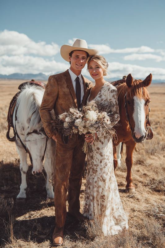 A cowboy groom in a tan suit and hat, with his bride holding a bouquet, both posing with horses in a scenic outdoor setting