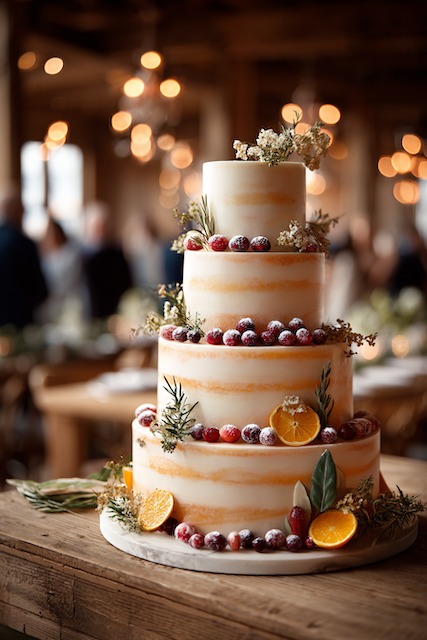 Cranberry orange wedding cake Four tier cranberry orange wedding cake with smooth buttercream in soft orange swirl, adorned with sugared cranberries, dried orange slices, rosemary, and winter greenery for a rustic festive touch.