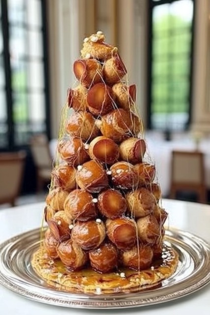 Croquembouche Classic French croquembouche wedding cake made of golden caramel-glazed cream puffs stacked into a tall cone, draped with delicate spun sugar threads for an elegant, show-stopping centerpiece.