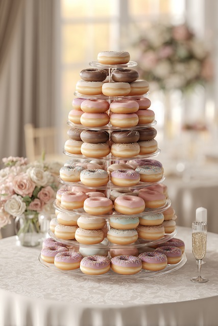 Donut tower wedding cake Elegant donut tower wedding cake featuring pastel-glazed donuts in soft pink, lavender, blue, and ivory stacked on a clear tiered stand, creating a playful yet chic dessert display perfect for modern or casual weddings