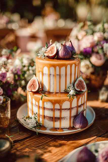 Drip with caramel + figs wedding cake Two-tier wedding cake with caramel drip, topped with fresh figs and delicate greenery, creating a rustic and elegant design