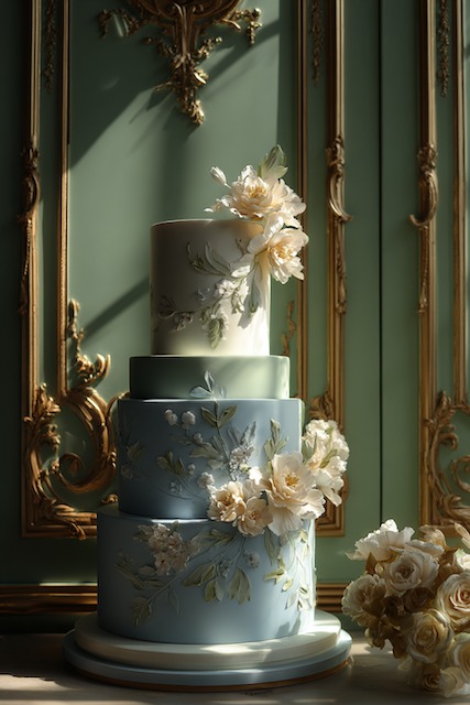 Dusty blue + ivory wedding cake Three tier wedding cake in soft blue and sage green fondant, featuring hand-painted floral details and cascading ivory sugar blooms, styled in a romantic vintage-inspired setting with gold accents.
