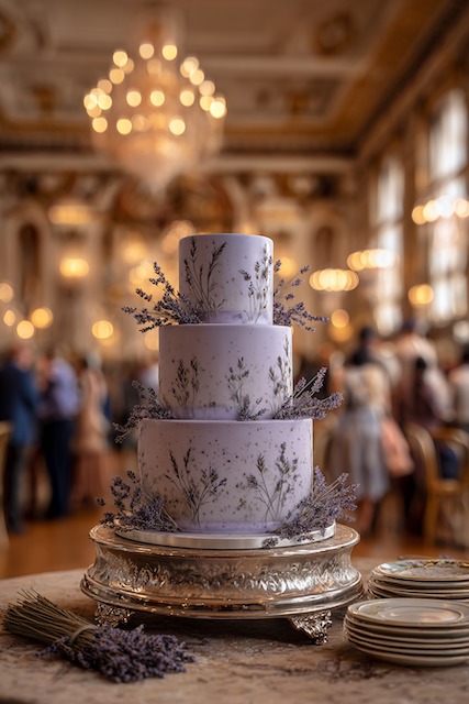 Earl Grey lavender wedding cake Three tier lavender wedding cake with delicate pressed lavender sprigs embedded in smooth fondant, creating a refined botanical look. Displayed on an ornate silver stand in a grand ballroom with chandeliers and warm golden lighting.