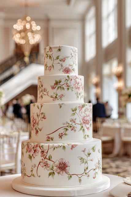 Edible floral print on fondant wedding cake four-tiered white wedding cake featuring delicate hand-painted floral designs in soft pinks and greens, creating a romantic and vintage-inspired aesthetic
