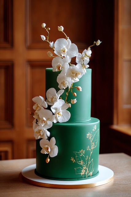 Emerald green + gold Two tier emerald green wedding cake with smooth fondant finish, adorned with cascading white orchids and delicate gold floral detailing, exuding modern elegance and luxury.