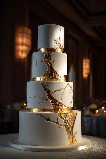 Fault line with gold leaf wedding cake Stunning four-tier wedding cake featuring a fault line design with golden cracks, creating a bold and luxurious look