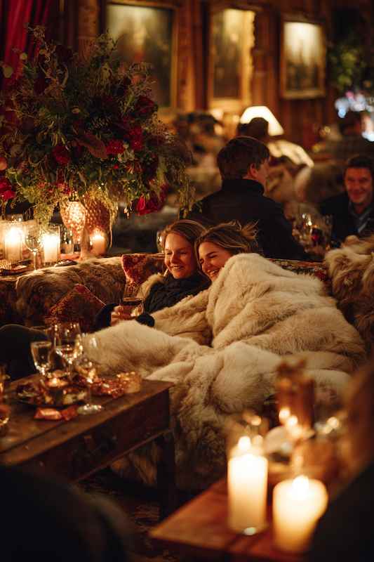 Faux Fur Lounge Area two wedding guests enjoying cozy warmth under a faux fur blanket by candlelight at a rustic country-themed wedding reception
