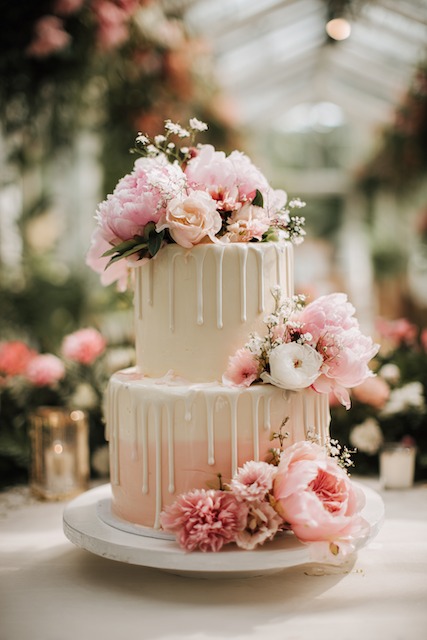 Floral drip design wedding cake Two tier blush ombré wedding cake with white chocolate drip and cascading pink peonies, roses, and dahlias, creating a soft romantic design perfect for garden or spring celebrations.