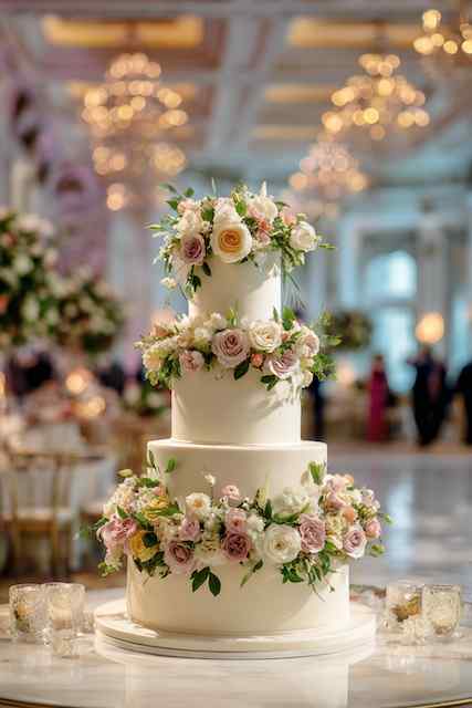 Floral wreath around each tier wedding cake three-tiered white wedding cake adorned with soft blush and lavender roses and greenery, creating an elegant, timeless design