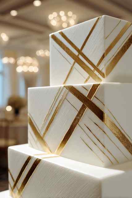 Geometric metallic accents wedding cake Modern square wedding cake with clean white fondant and diagonal gold leaf accents, creating a sleek, contemporary look